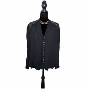Free People Black Button-Up Blouse with Embroidered Detail